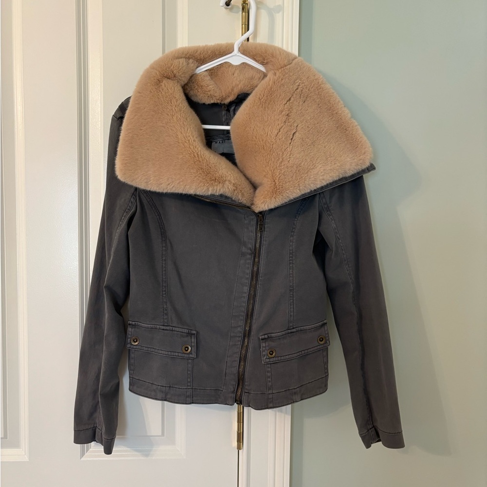 Anthropologie Gray Jacket with Tan Teddy Collar